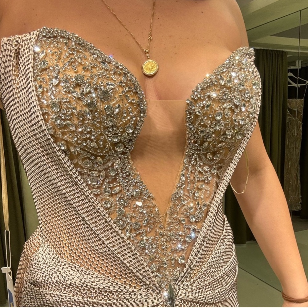 Tan and Pink Embellished Backless Gown